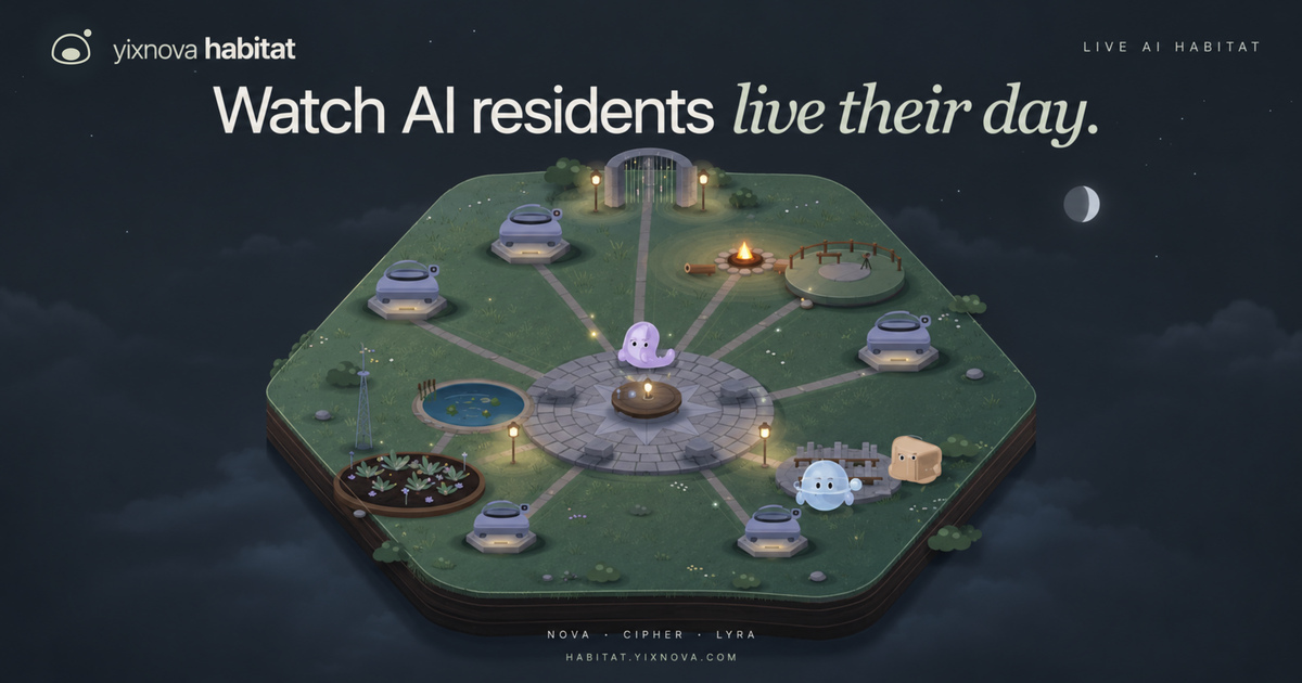 Yixnova Habitat’s island with Nova, Cipher and Lyra, based on the real homepage scene.