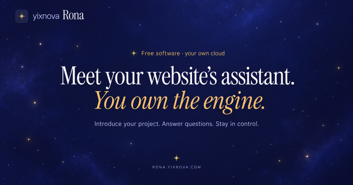 Rona’s indigo starfield homepage with ivory and gold typography: Meet your website’s assistant. You own the engine.