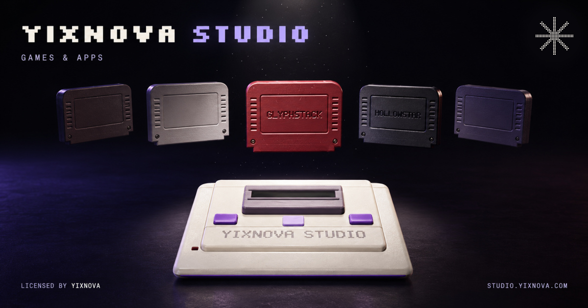 Yixnova Studio’s ivory console and floating game cartridges, with the original pixel-grid boot logo.